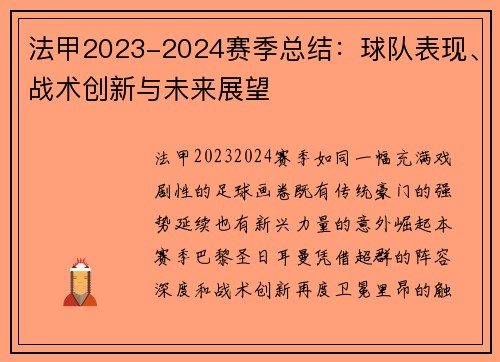 法甲2023-2024赛季总结：球队表现、战术创新与未来展望